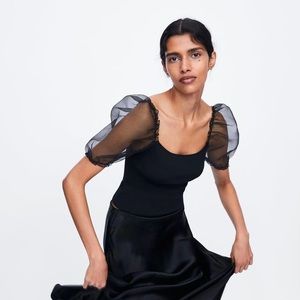 Organza Bubble Puff Sleeve Knit Top